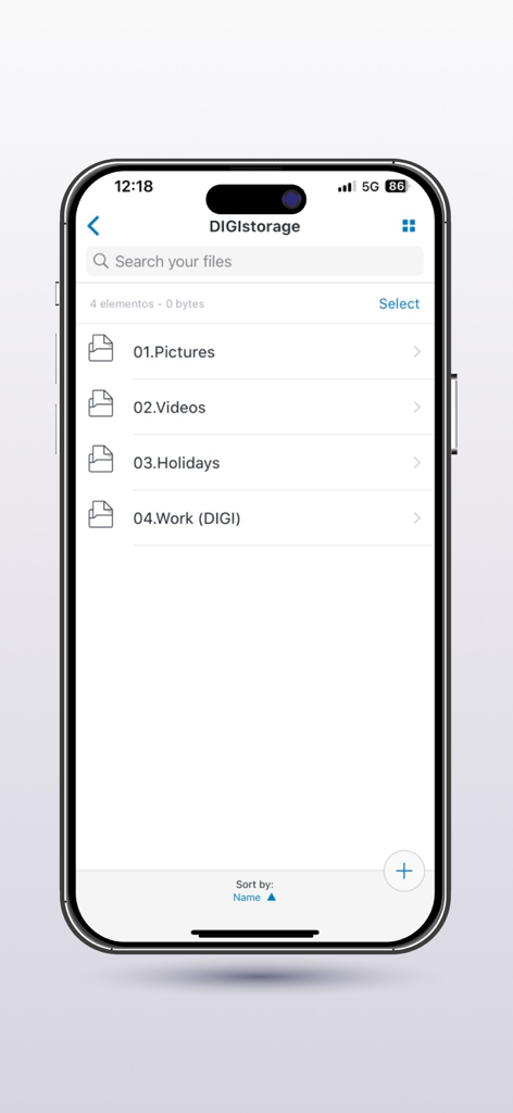 Digi Storage - iPhone screen showing the Digi Storage app file management interface with folders for pictures and videos