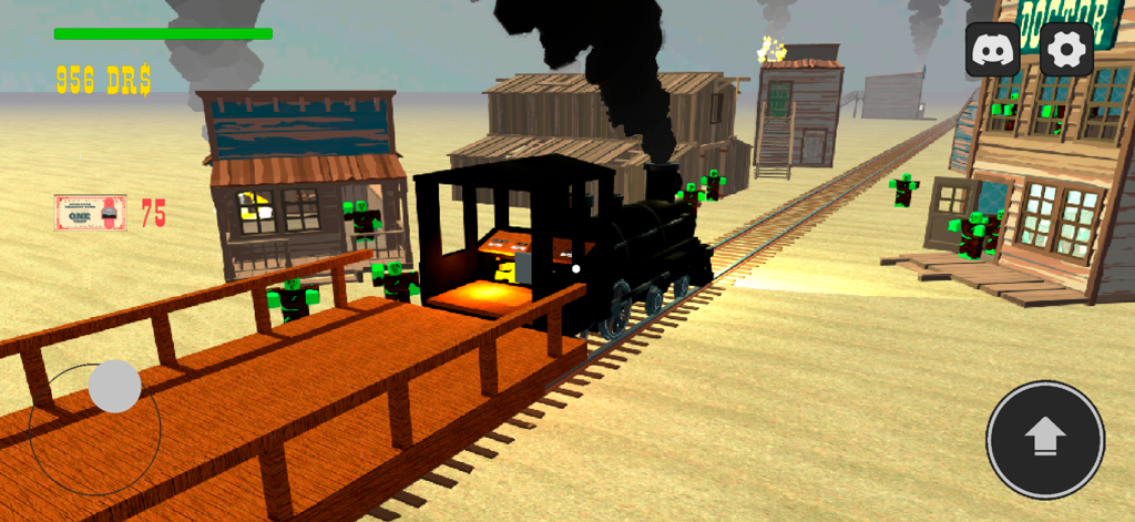 Dead Rails: Train Survival - A black steam train navigating a desert town filled with green zombies in Dead Rails Train Survival