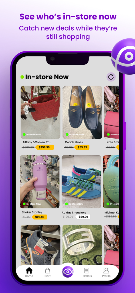 ShopWithMe App - Mobile app interface of ShopWithMe showing real-time shopping deals from personal shoppers in retail stores