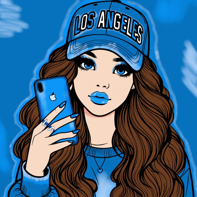 realistic beautiful girl wearing los ángeles cap holding an iphone