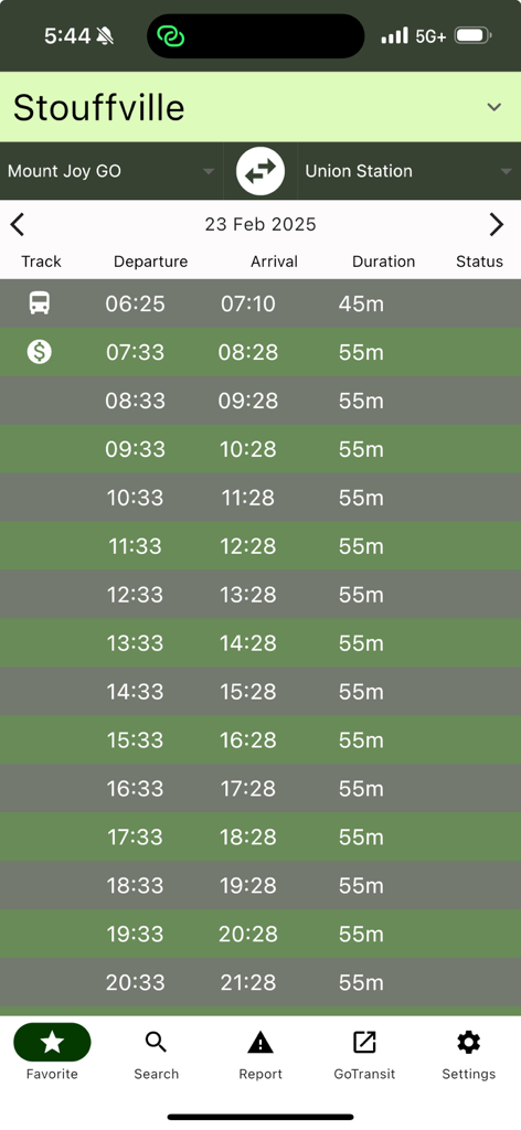 Horário de trem Go Rider para a linha Stouffville entre Mount Joy GO e Union Station.