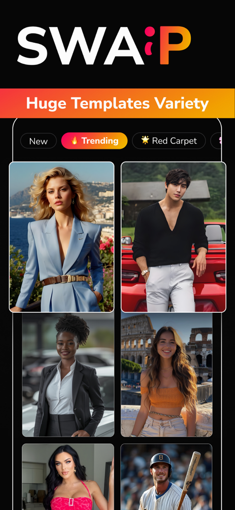 Swappy: Face Swap AI Generator - Swappy app interface showing a wide variety of AI face swap templates for social media and professional profiles.