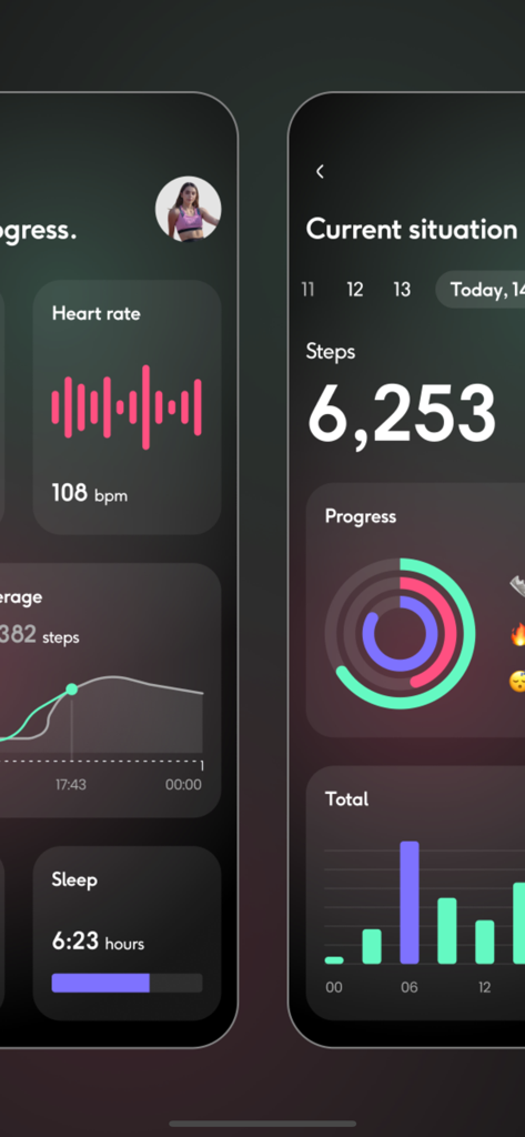 SmartWatch Sync BT Notifier - Interfaz de la aplicación de sincronización de smartwatch que muestra el progreso del fitness y los datos de frecuencia cardíaca