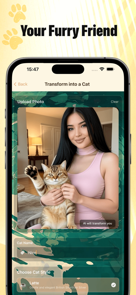 Glph - Oberfläche der Glph-App, die zeigt, wie das Foto eines Benutzers hochgeladen wird, um es in einen Katzen-Avatar zu verwandeln, mit Optionen zur Benennung des Haustiers und zur Auswahl eines Stils.