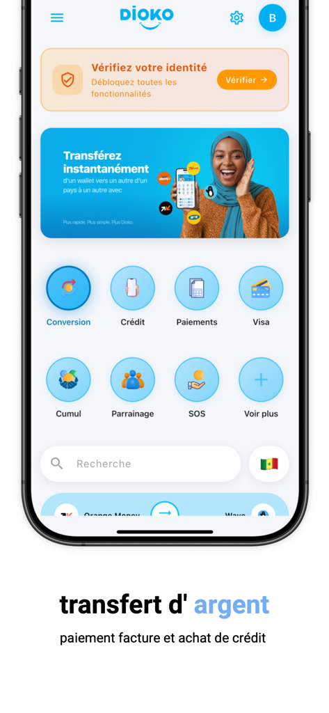 Dioko by JOTALI - Dioko app dashboard for international money transfers and mobile wallet interoperability.
