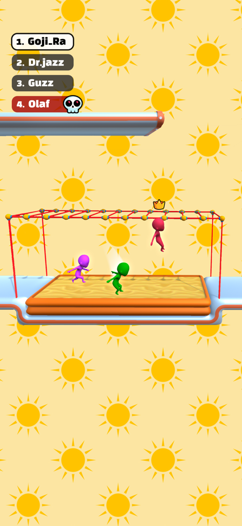 Three colorful characters racing on monkey bars in a 3D parkour course.