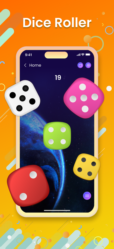 Un écran de smartphone montrant la fonction Dice Roller de l'application Spin the Wheel avec des dés 3D colorés