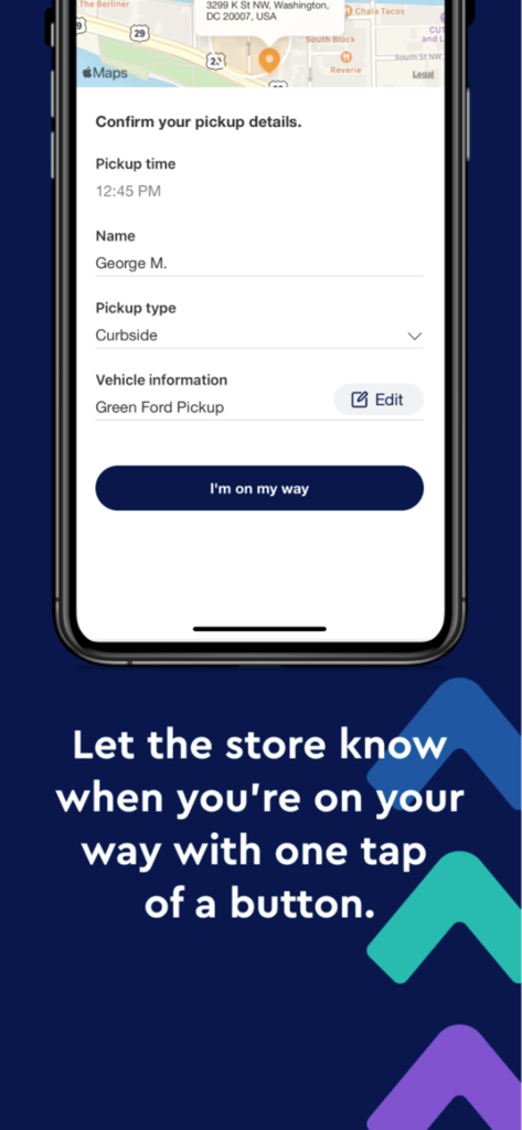 Flybuy Pickup - Flybuy Pickup app screen showing curbside pickup details and an on my way button