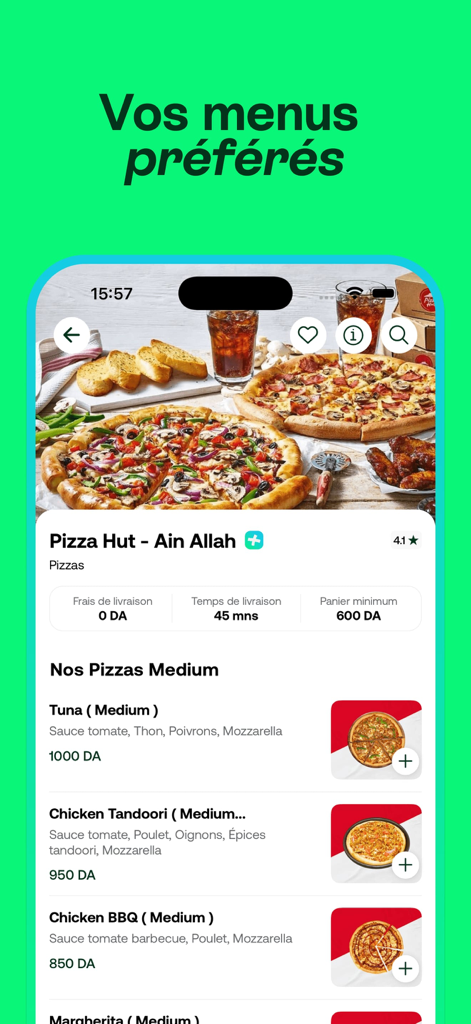 Mobile interface of the Fast app showing a Pizza Hut restaurant menu with various pizza options and delivery information