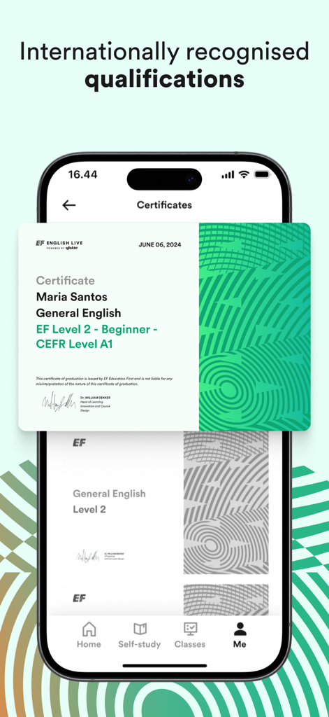 A smartphone screen showing a CEFR recognized English language certificate within the EF English Live app.