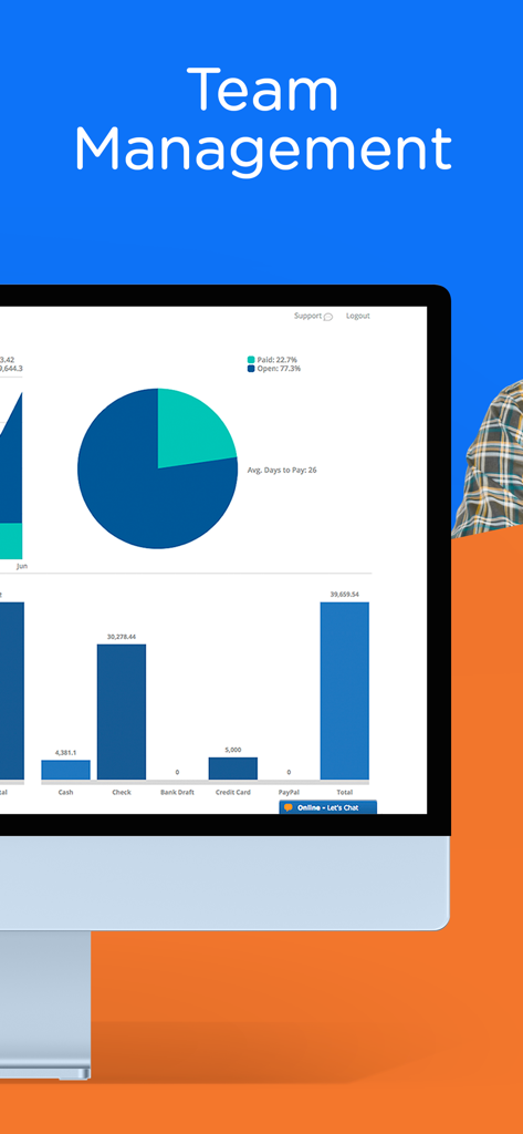 Invoice ASAP: Field Service - A desktop computer screen showing the Invoice ASAP team management dashboard with financial analytics charts