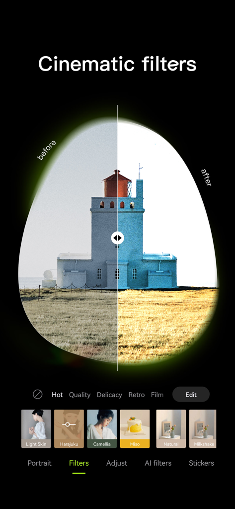 Una comparación de antes y después de una foto de un faro mostrando la aplicación de filtros cinemáticos en la interfaz de la app Hypic.