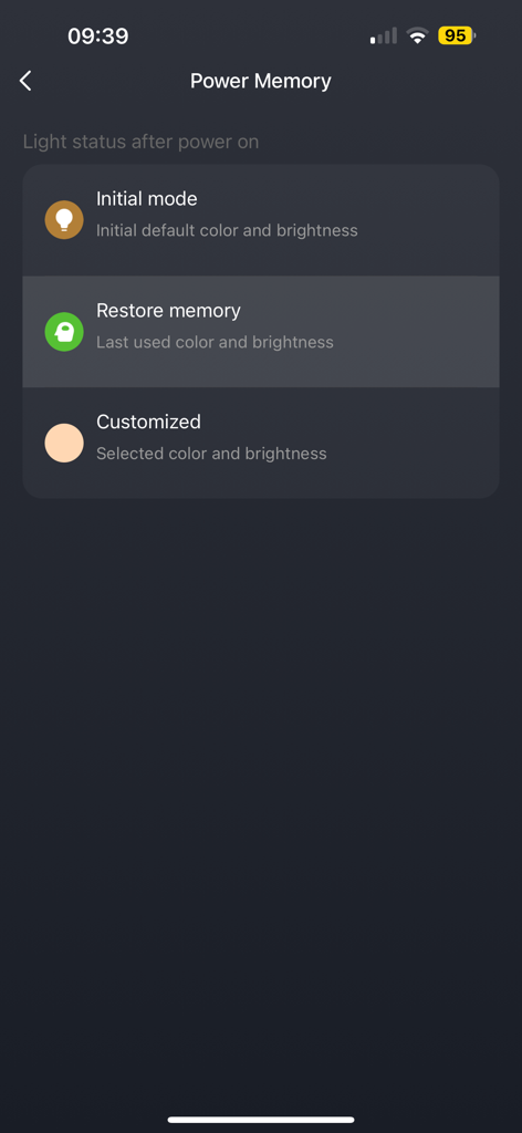 Pirnar app interface showing smart door light status settings including initial mode and restore memory