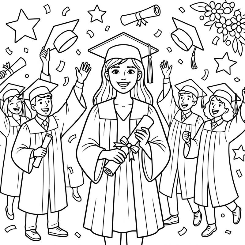 Join Clara Stahlbaum as she celebrates her momentous graduation day alongside cheering friends and flying caps. This heartwarming coloring page captures the joy and excitement of this special academic milestone.