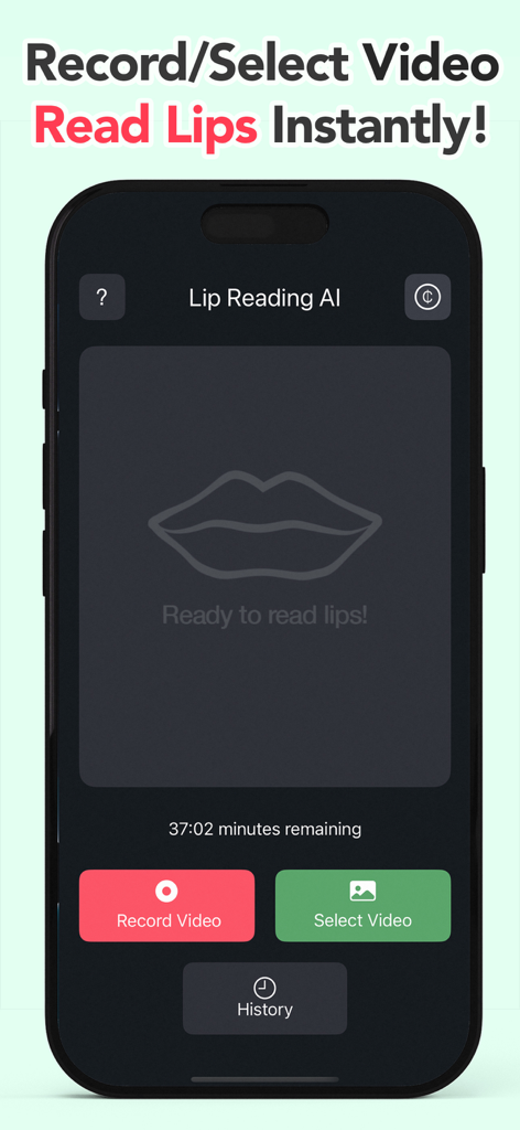 AI Lip Reading - Video Reader - Home screen of the AI Lip Reading app showing buttons to record or select a video for lip translation.