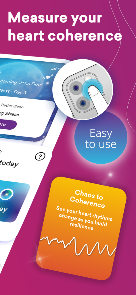 Infografía que muestra cómo medir la coherencia cardíaca utilizando la cámara de un smartphone y la aplicación HeartMath.