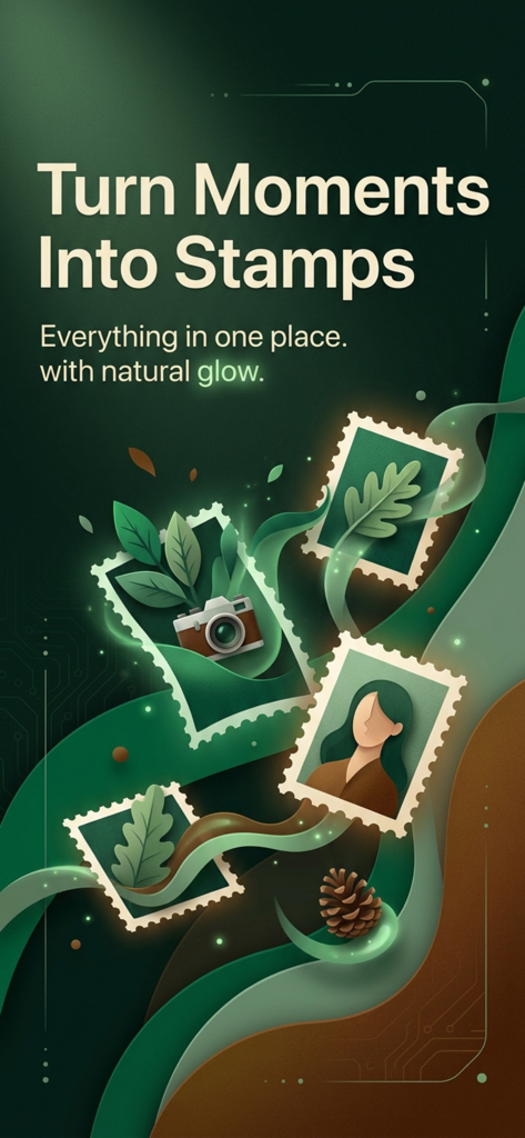 Stampy: Stamp Maker - Graphic illustration showing photos transformed into digital stamps within the Stampy app