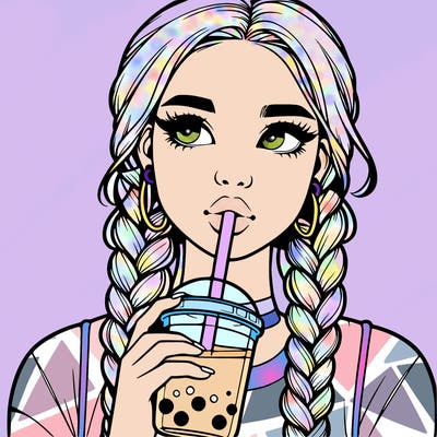 realistic girl with braided hair drinking boba