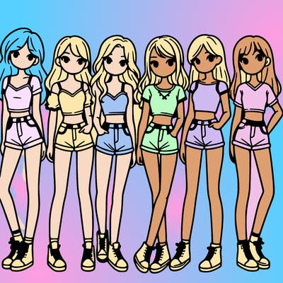a group of girls wearing crop tops and shorts