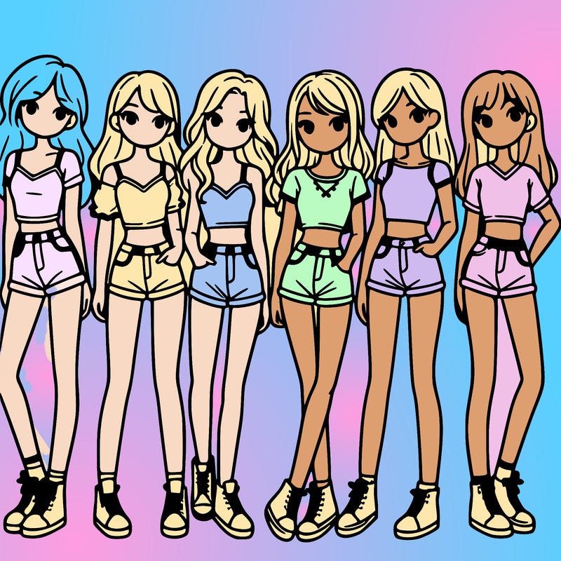 a group of girls wearing crop tops and shorts