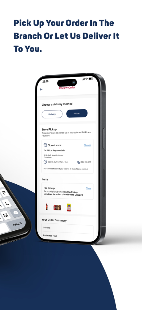 Pantalla de la aplicación móvil TM PnP mostrando opciones para entrega de comestibles o recogida en tienda en Zimbabue