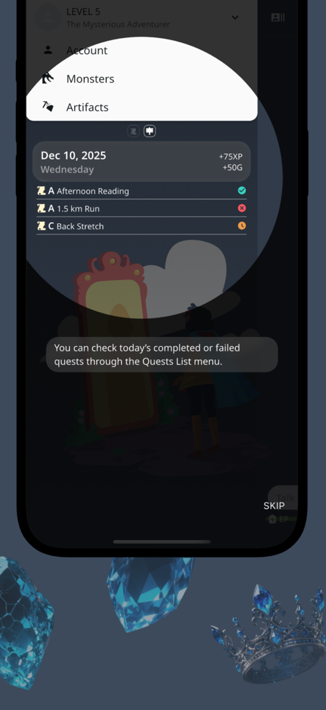 SENA: To-Do × RPG - Interface of the SENA RPG to-do app showing a list of daily quests and a navigation menu for monsters and artifacts