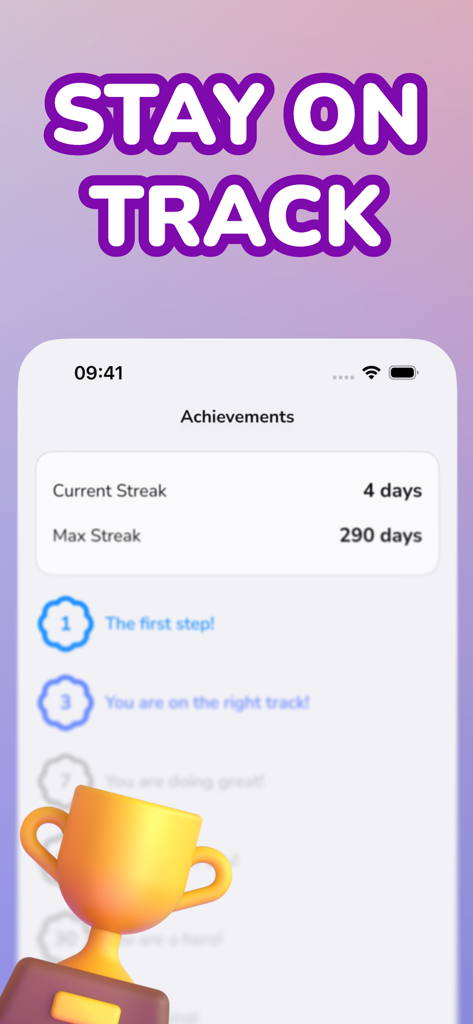 The achievements screen of the Guardian Angel app showing current and max streaks