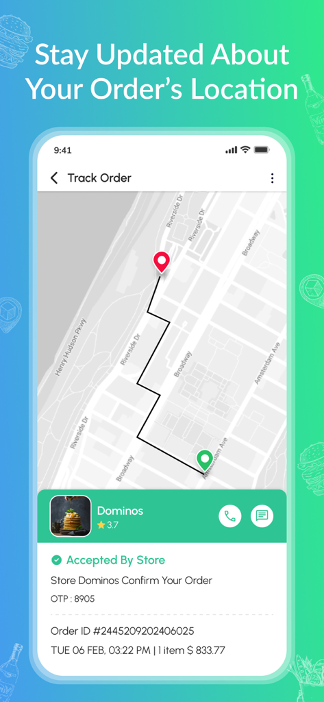 配送ステータスと店舗情報とともに、地図上でリアルタイムの注文追跡を表示するモバイルアプリ画面。