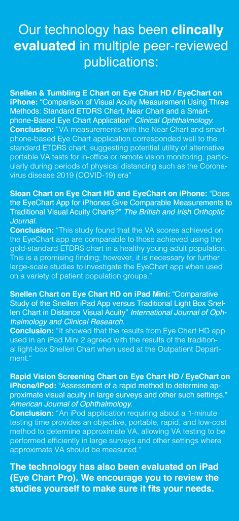 Eye Chart HD - A list of clinical evaluations and peer-reviewed publications supporting the accuracy of the Eye Chart HD app.