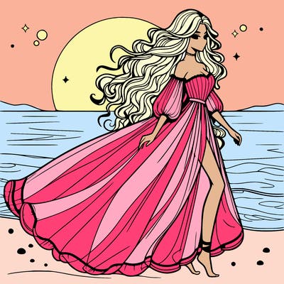 beautiful woman with a vaporous long dress walking on the beach at the noon, detailed art