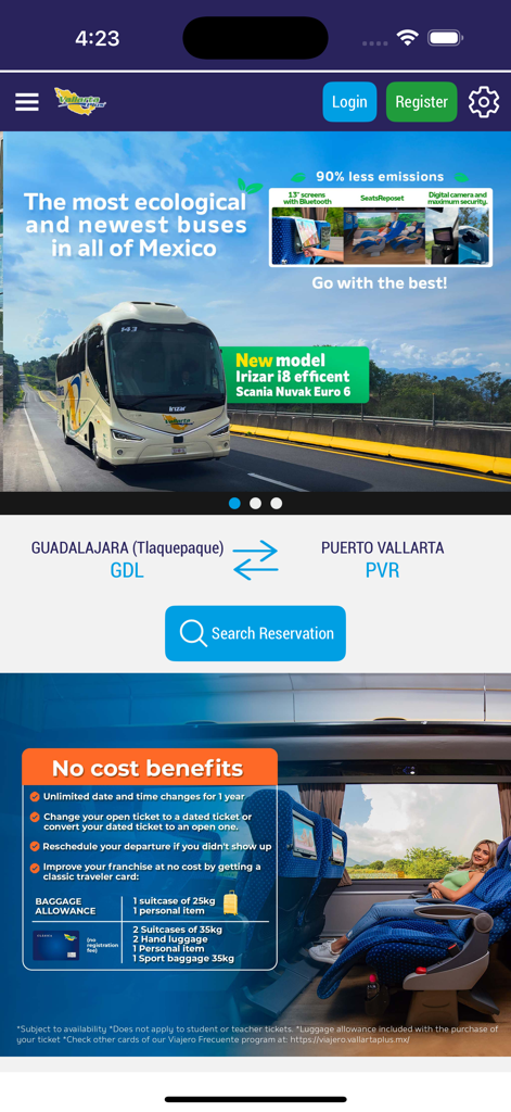 Schermata principale dell'app Vallarta Plus con ricerca del percorso in autobus da Guadalajara a Puerto Vallarta e vantaggi dei viaggi di lusso