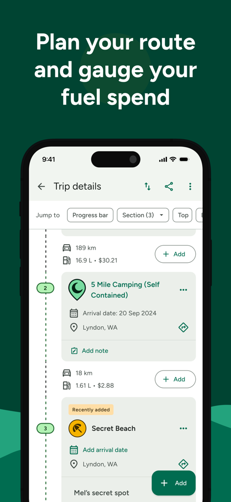 WikiCamps Australia mobile app interface showing a trip itinerary with route planning and estimated fuel costs