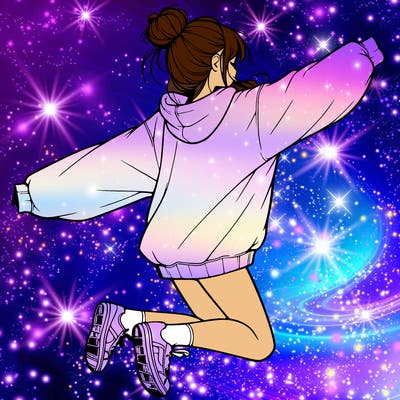 realistic girl jumping with a bun and oversized sweatshirt