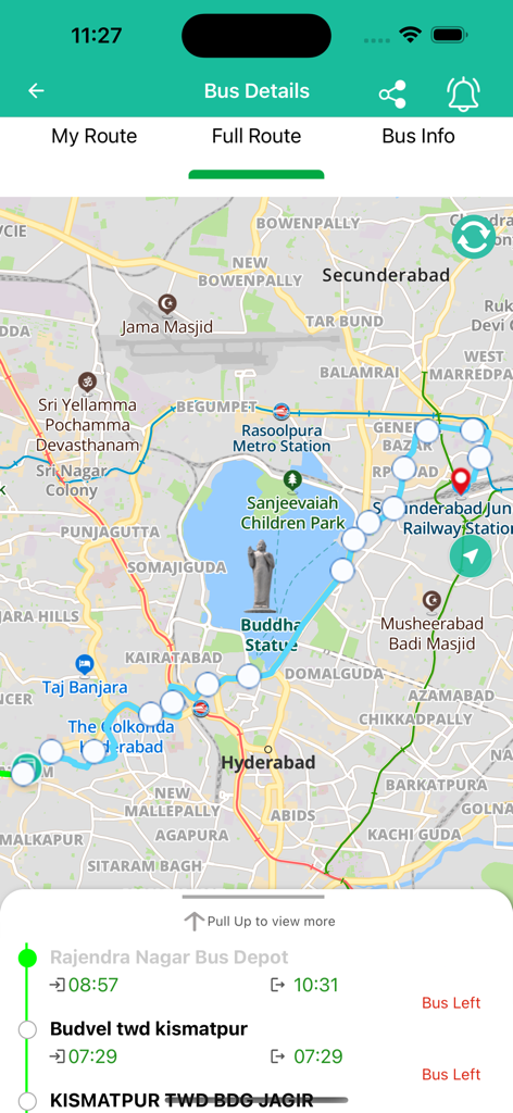 TGSRTC Gamyam - A screenshot of the TGSRTC Gamyam app showing a map view of a full bus route with stops in Hyderabad