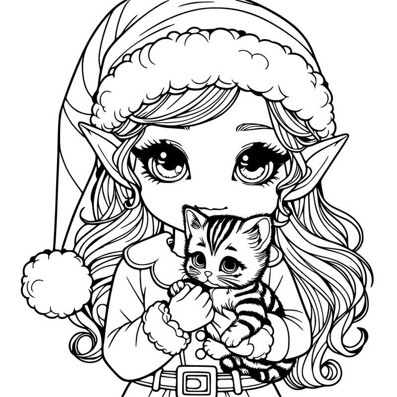 a realistic elf holding a realistic kitten and wearing a christmas outfit
