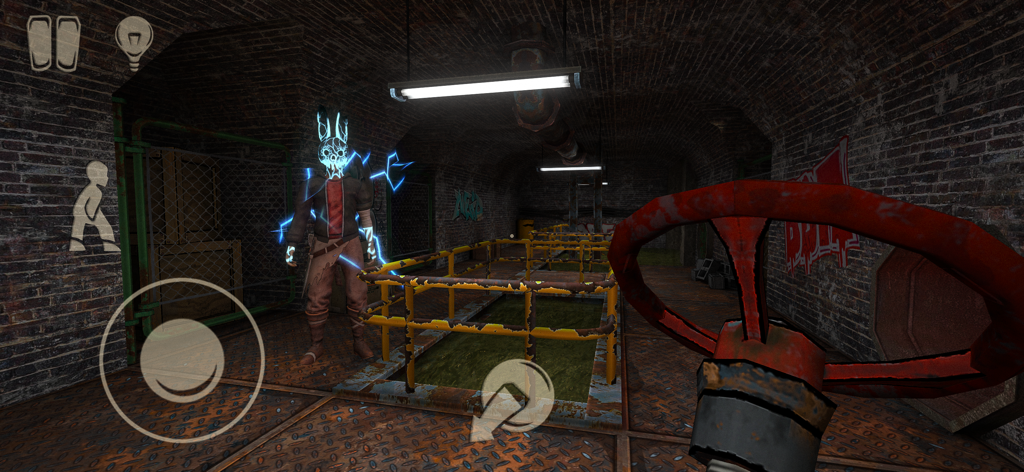 Horror Tale 3: The Witch - Perspectiva en primera persona de un jugador sosteniendo una válvula roja en un túnel oscuro con un enemigo esqueleto brillante