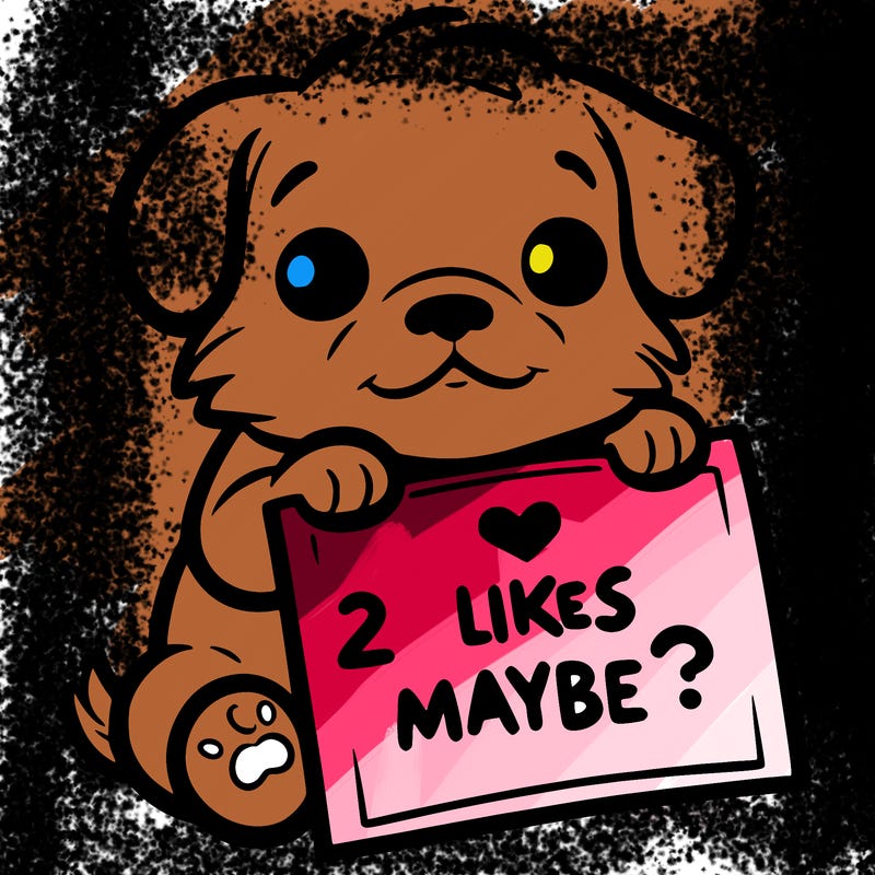 a puppy holding a sign that says 2 likes maybe?
