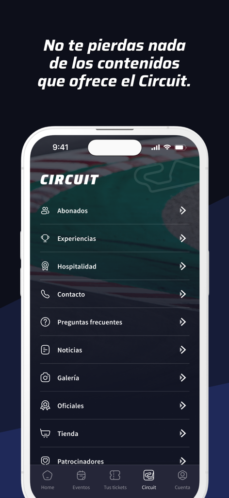 Circuit BCN-CAT - Menú principal de la aplicación móvil Circuit BCN-CAT que muestra opciones de hospitalidad, experiencias y noticias.