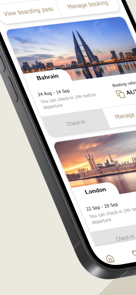 Gulf Air - Gulf Air app interface showing flight bookings for Bahrain and London with check-in buttons.