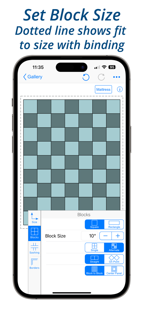 Smartphone screen displaying the QuiltSize app with quilt block layout options and a preview diagram