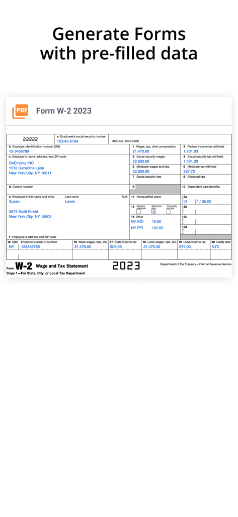DoEmploy: Payroll & Attendance - Screenshot showing a pre-filled 2023 W-2 tax form generated by the DoEmploy app