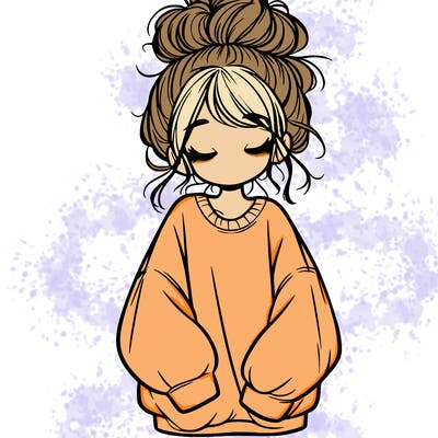 girl with baggy sweatshirt and messy bun