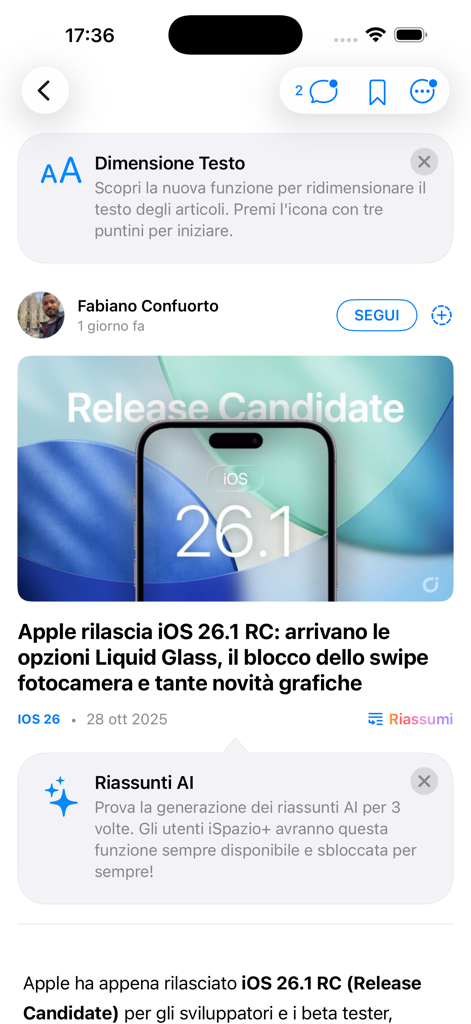 iSpazio - Interface of the iSpazio app displaying a tech news article about an Apple iOS release with AI features.