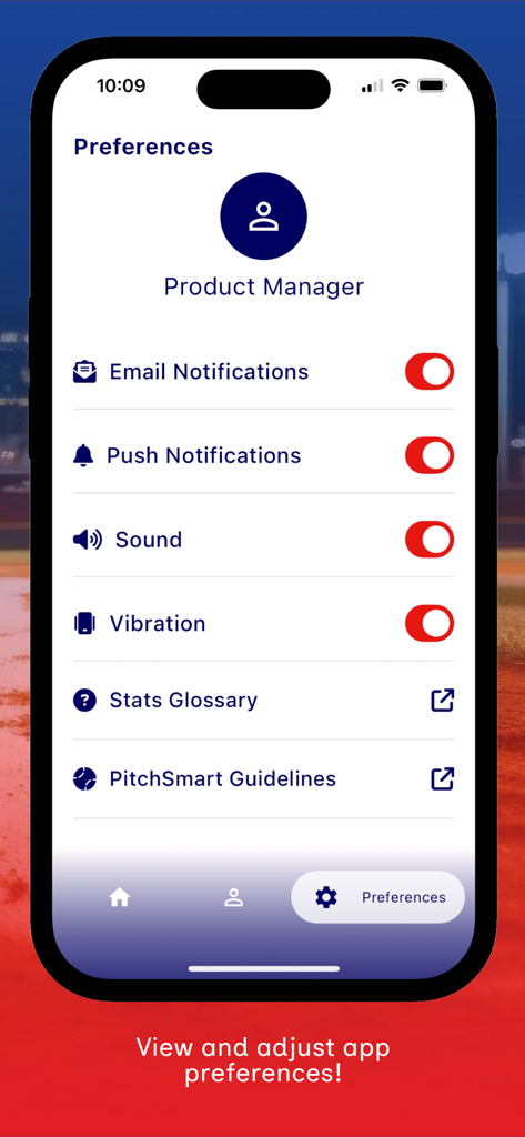 Tela de preferências do aplicativo Track-A-Pitch mostrando configurações de notificação e links para as diretrizes PitchSmart.