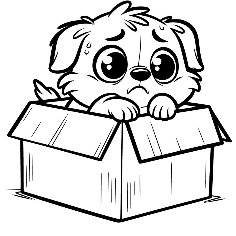 a little dog who is really scared in a box