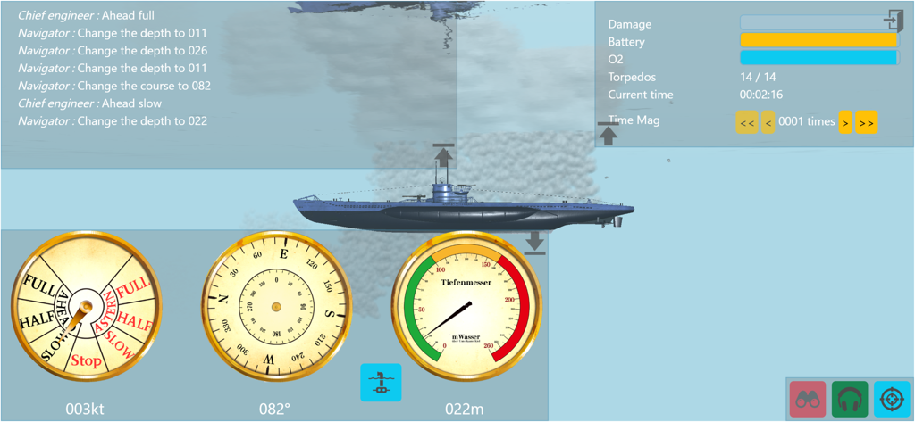 Jugabilidad del simulador de submarino mostrando el panel de operaciones con profundímetro, brújula y telégrafo de máquinas