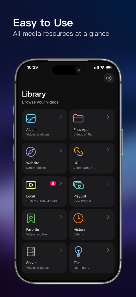 Pantalla de la biblioteca de la aplicación móvil rPlayer mostrando opciones de fuente de vídeo