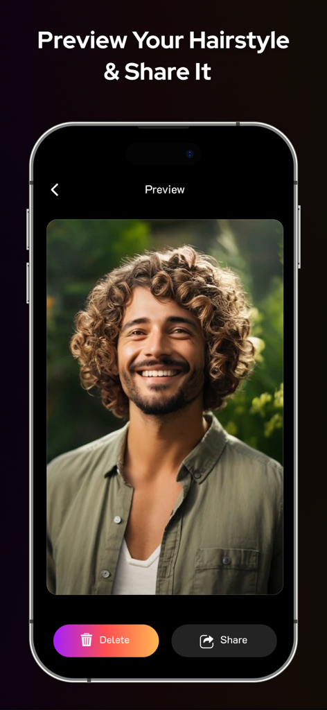 Hairstyle AI: Try On Hair Cut - Interface de l'application mobile montrant une coiffure bouclée générée par IA sur un homme avec des options pour partager ou supprimer l'aperçu