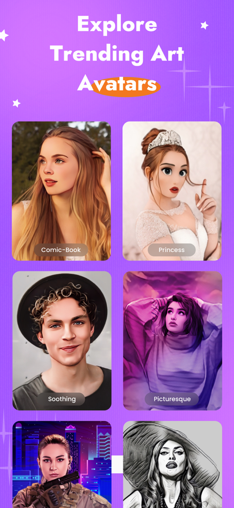 コミックブックやプリンセスのようなさまざまな芸術的スタイルでAI生成されたプロフィール写真のコレクション。