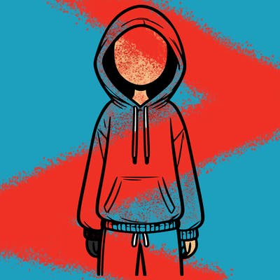 faceless girl in a tracksuit with a hood on and no hair